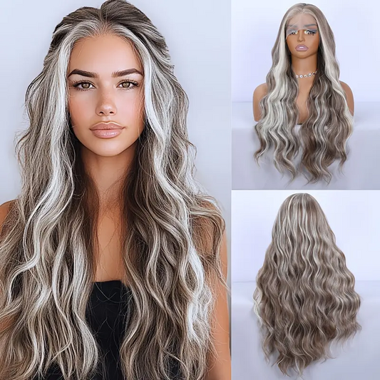 Elegant 28 Inch Brown Highlighted Wig with Water Ripple